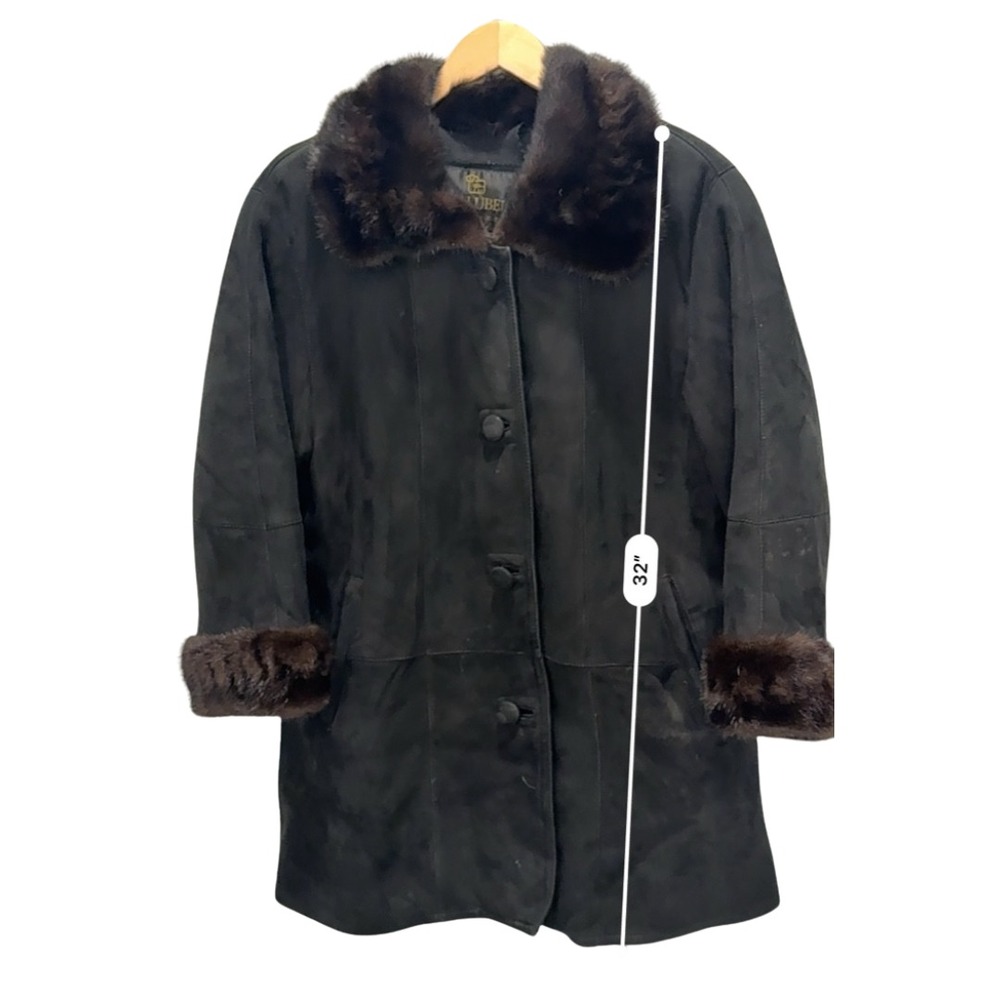 Malubel Sydney Womens Vintage Suede Coat Fur Trim Penny Lane Black Brown M - Picture 6 of 6